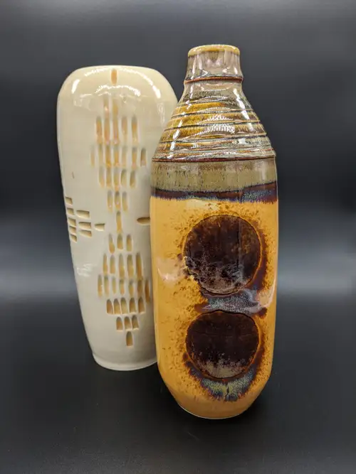 Handmade ceramic pottery: 2 Dot Bottle and Carved Vase