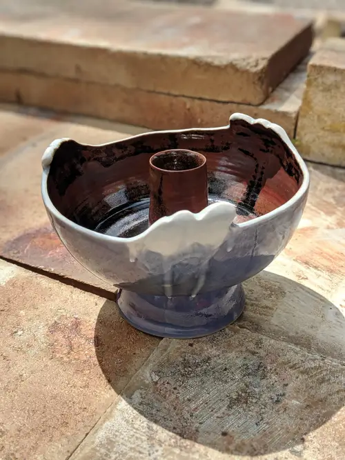 Handmade ceramic pottery: Blue Brown Yarn Bowl Angled