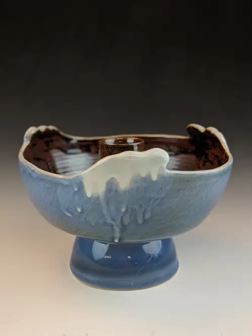 Handmade ceramic pottery: Blue Brown Yarn Bowl Outdoor View