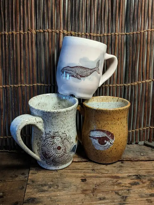 Handmade ceramic pottery: Gear - Whale - Eye Mugs