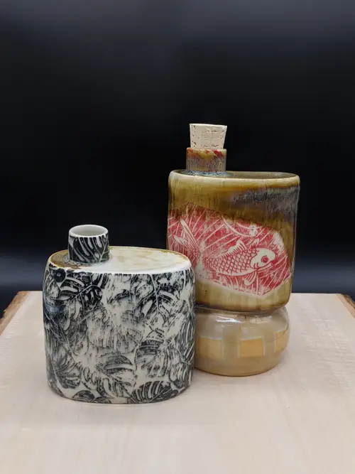 Handmade ceramic pottery: Koi And Monstera Flasks