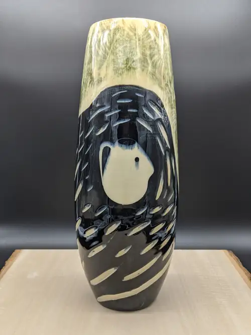 Handmade ceramic pottery: Carved Foliage Vase Front with Logo