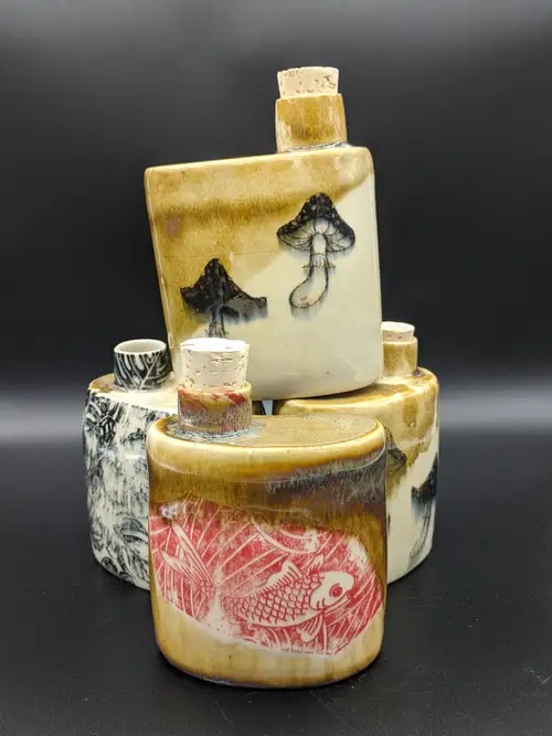 Handmade ceramic pottery: Mushroom And Koi Flask Collection