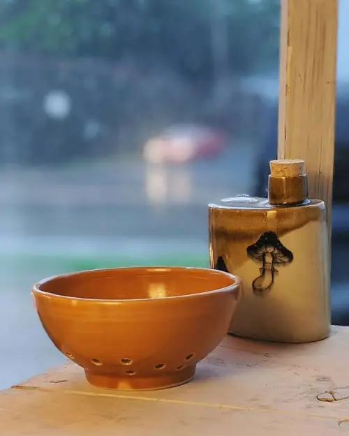 Handmade ceramic pottery: Orange Bowl and Mushroom Flask at the Studio